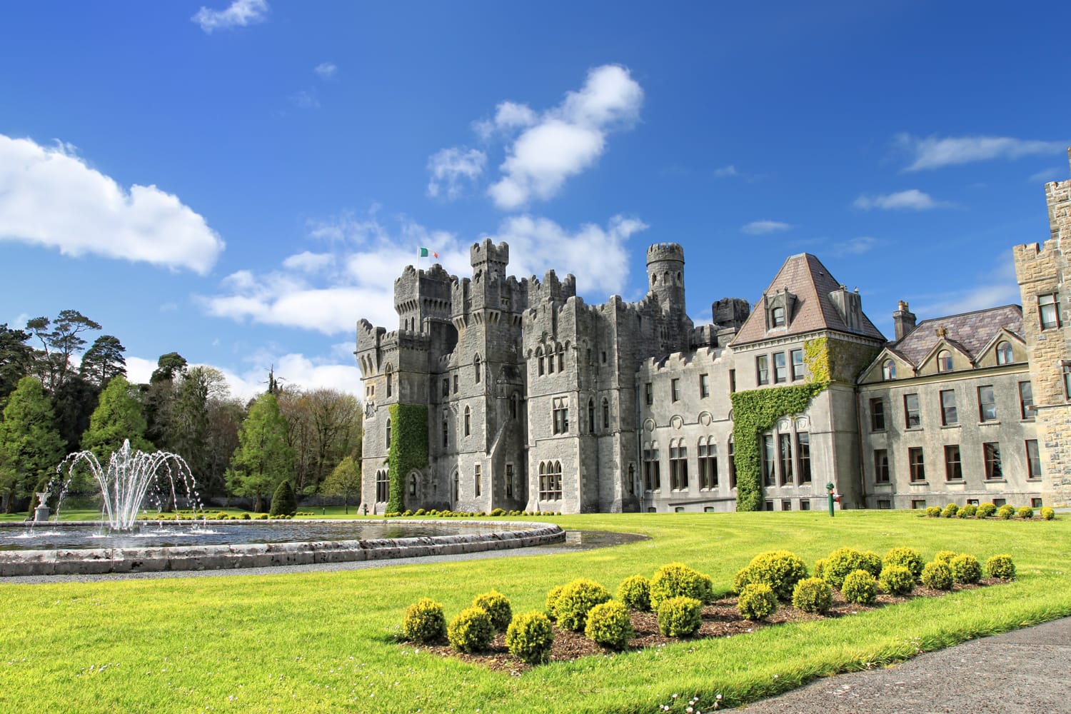 Medieval Ashford castle and gardens in Ireland