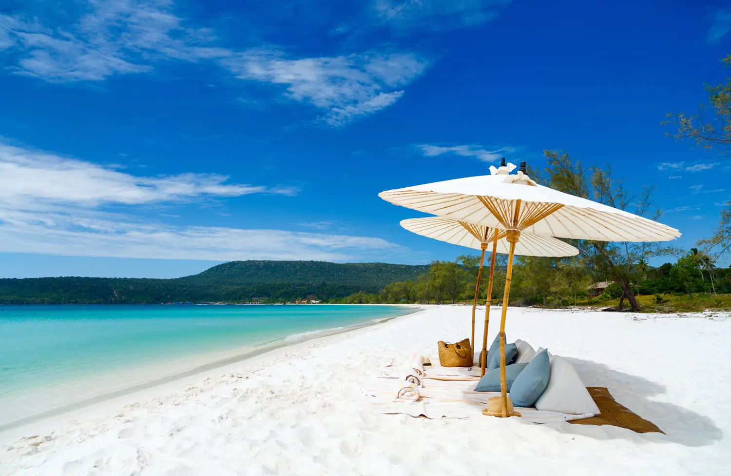 Landscape photo of beautiful white sand exotic beach on Koh Rong island in Cambodia