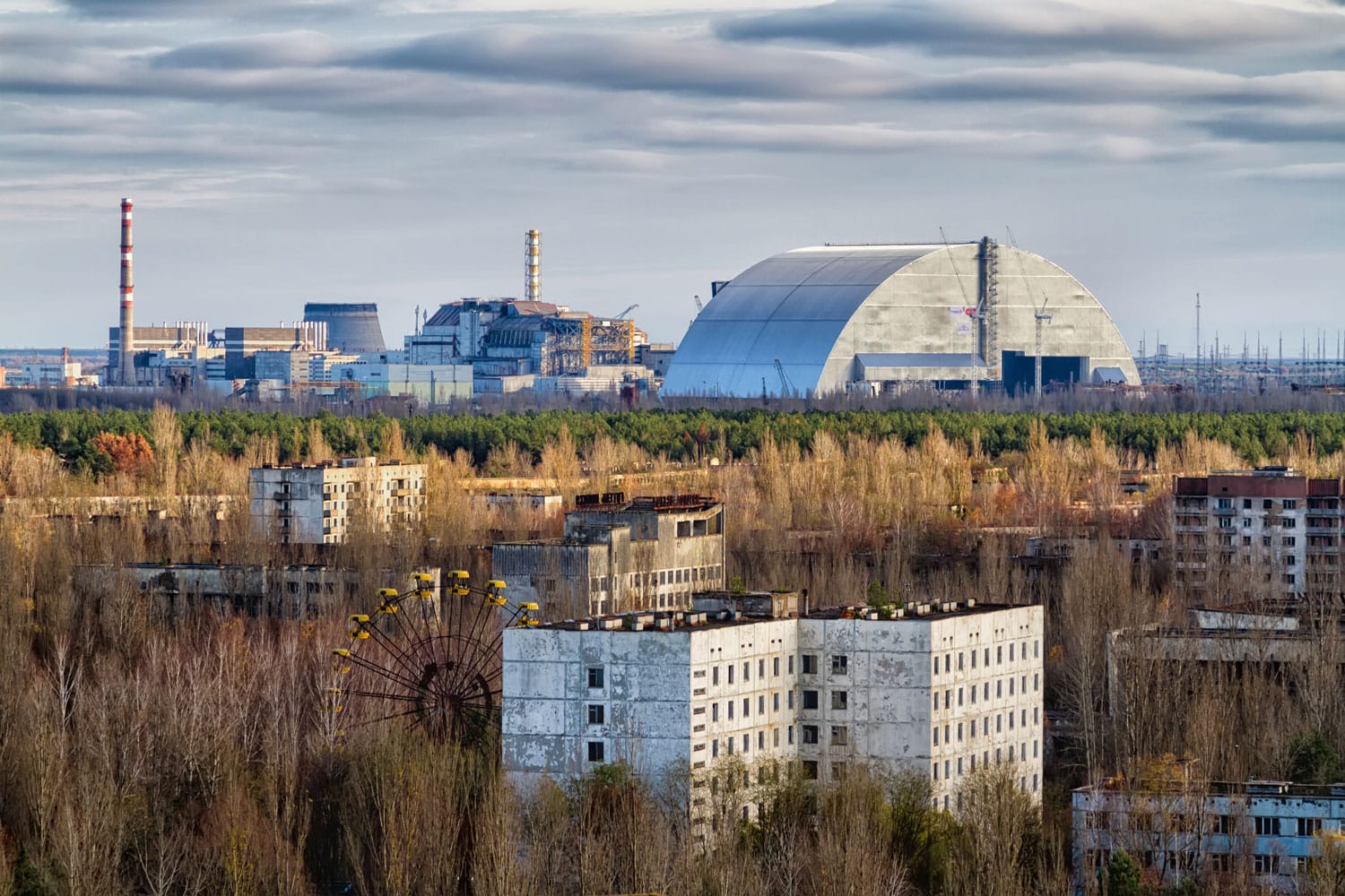 Vew from roof of 16-storied apartment house in Pripyat town, Chernobyl Nuclear Power Plant Zone of Alienation, Ukraine