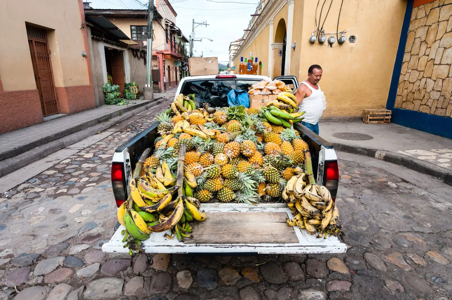 Αγρότης της Ονδούρας που παρουσιάζει τις καλλιέργειες ανανά του σε μια τοπική αγορά
