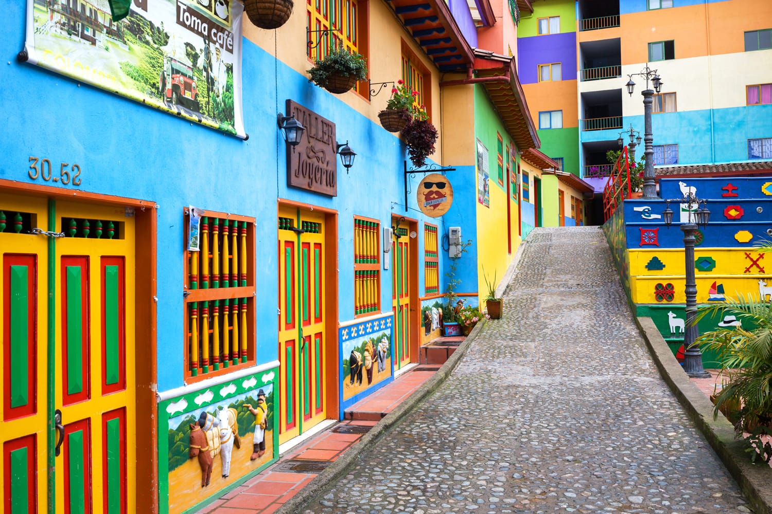 Colorful streets and decorated houses of Guatape city near Medellin, Antioquia, Colombia