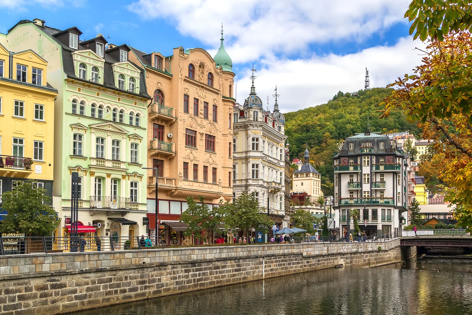 Embankment of Tepla river in the center of Karlovy Vary, Czech republic