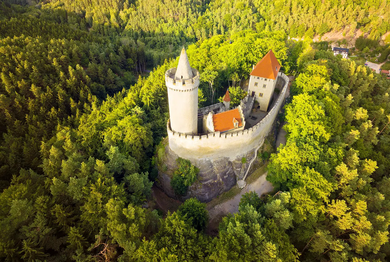 Aerial view of medieval castle Kokorin in national park Kokorinsko nearby Prague in Czech Republic. Central Europe