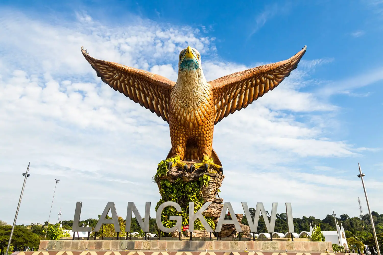 Eagle Square in Langkawi, near the Kuah port, in late afternoon light. This giant Eagle statue is the symbol of Langkawi island, Malaysia