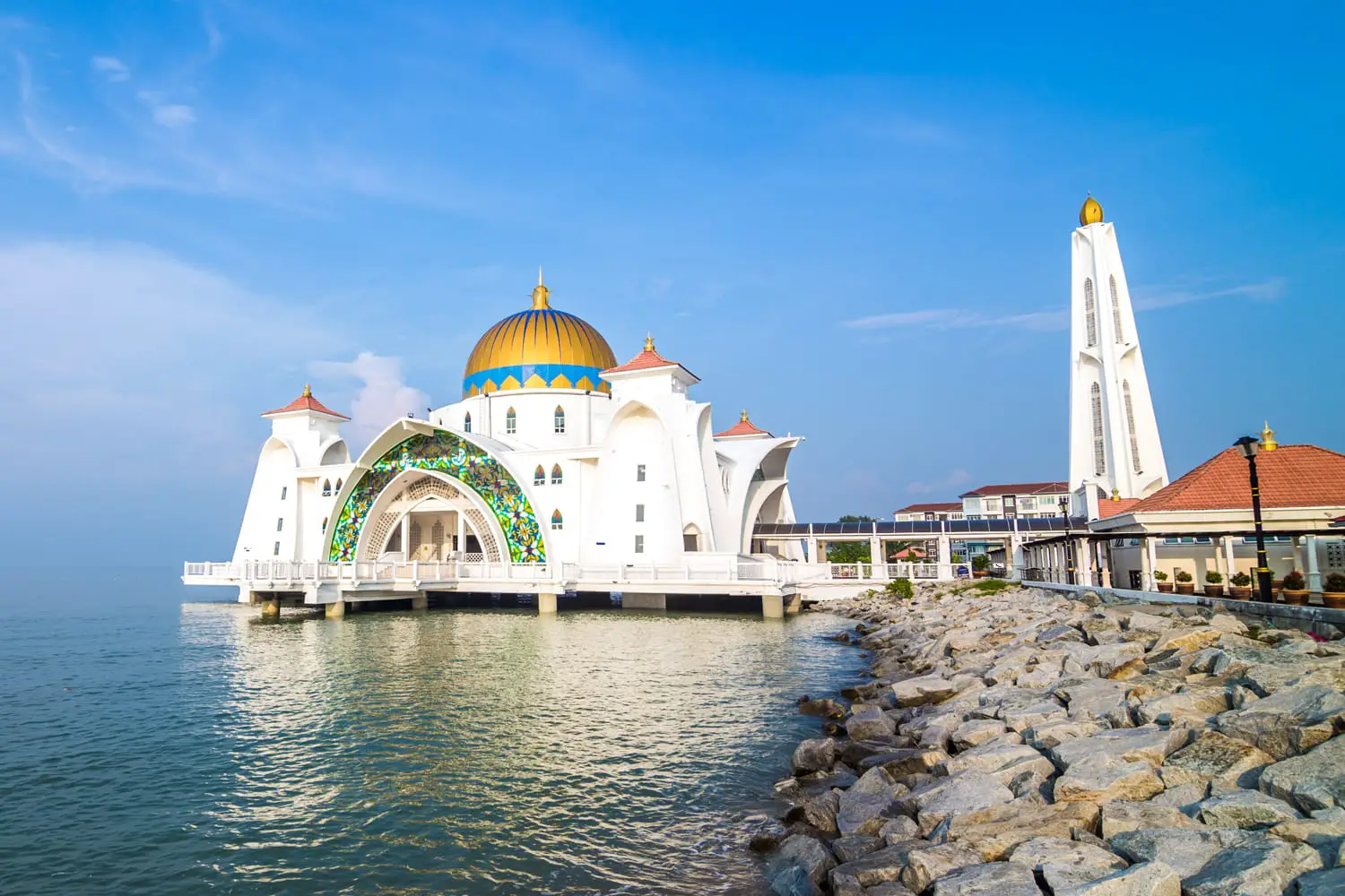 Malacca Straits Mosque ( Masjid Selat Melaka) located on the man-made Malacca Island near Malacca city, Malaysia