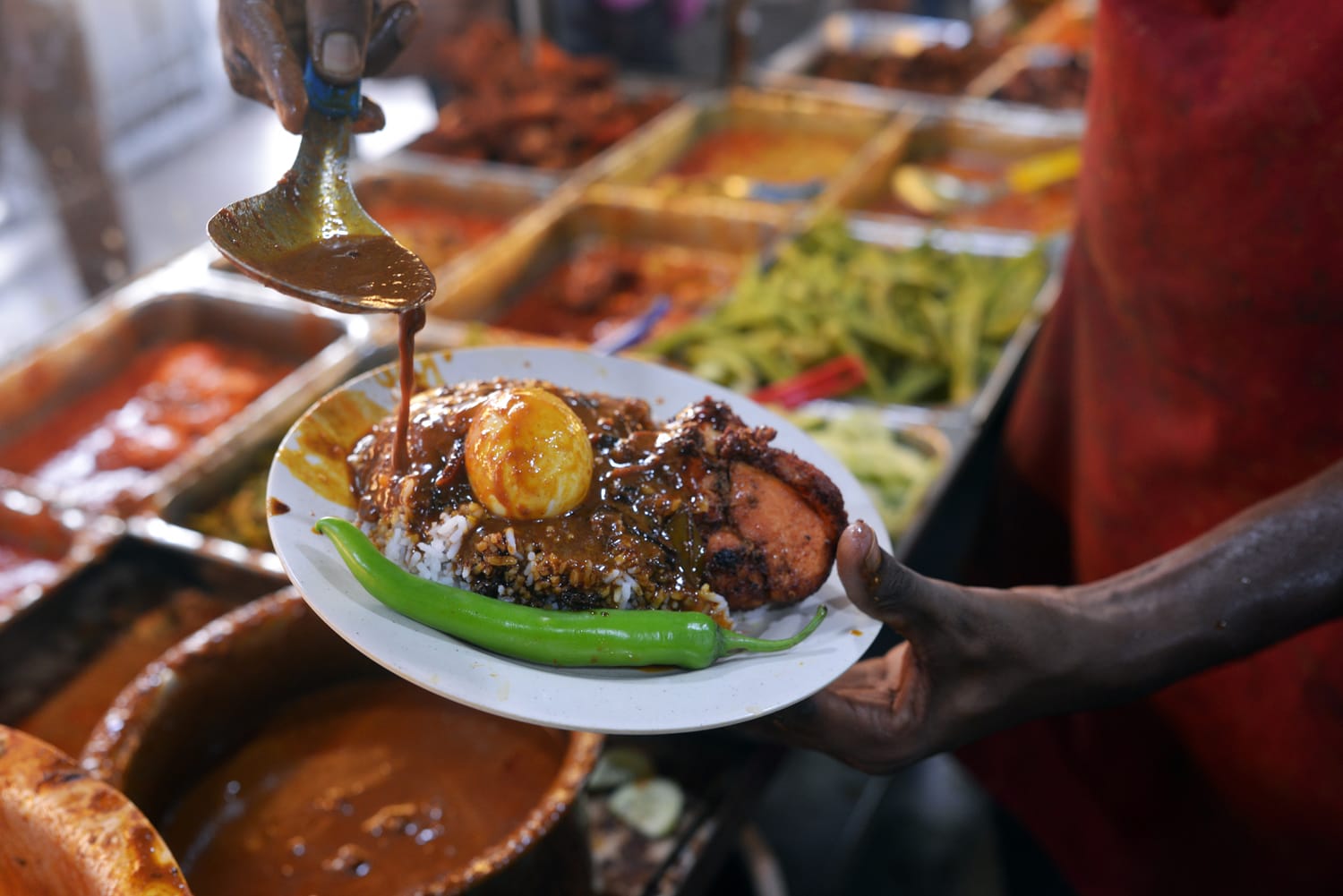 Close up the popular Nasi Kandar or Kandar Rice in Penang, Malaysia