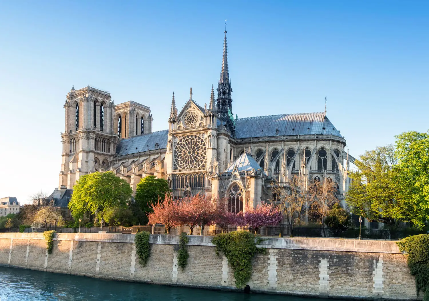 Notre Dame Cathedral in Paris on a bright afternoon in Spring