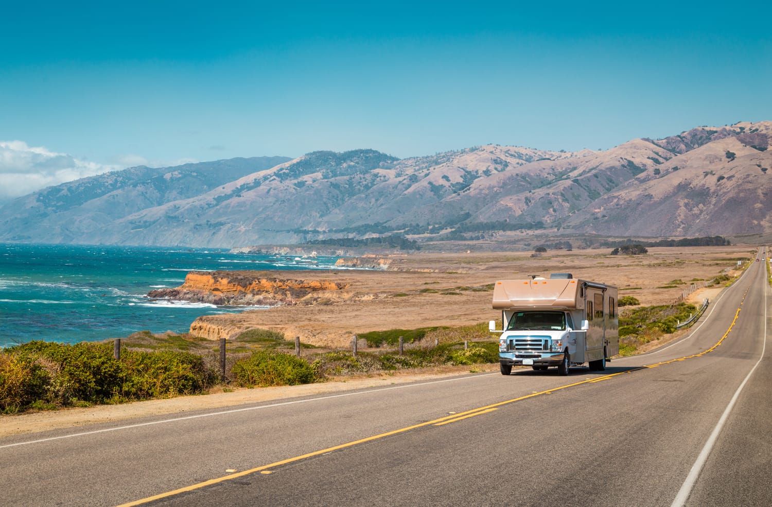 Panorama view of recreational vehicle driving on famous Highway 1 along the beautiful Central Coast of California, Big Sur, USA
