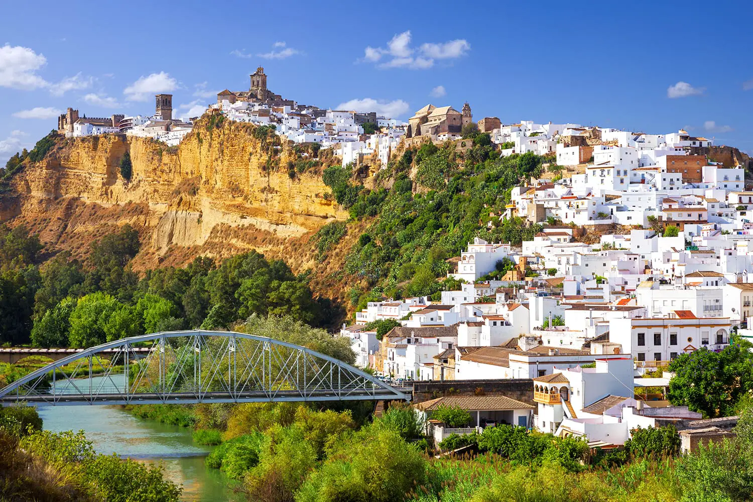 Panoramic of Arcos de la Frontera, white town built on a rock along Guadalete river, in the province of Cadiz, Spain
