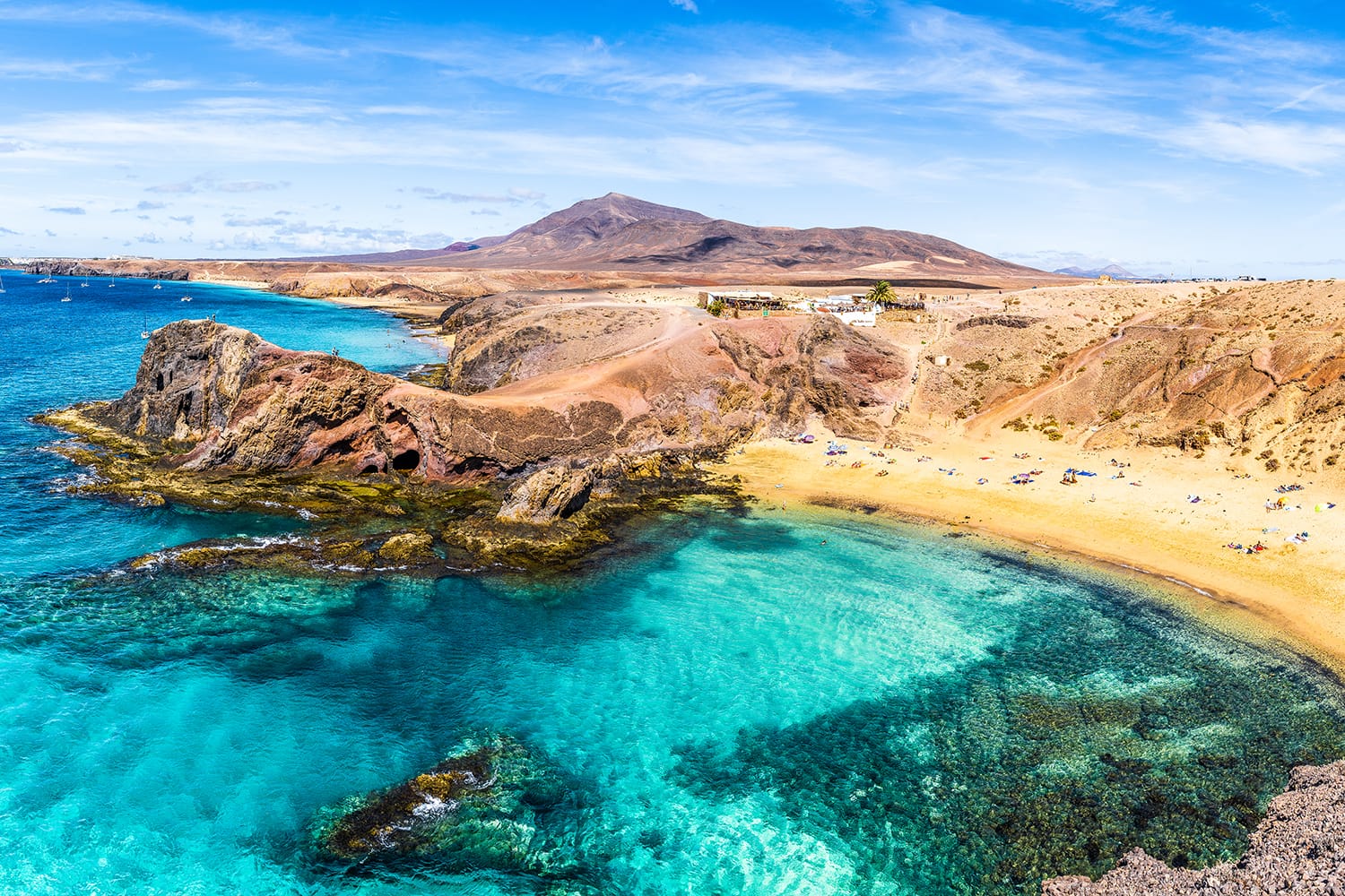 Τοπίο με τυρκουάζ ωκεάνια νερά στην παραλία Papagayo, Lanzarote, Κανάρια Νησιά, Ισπανία