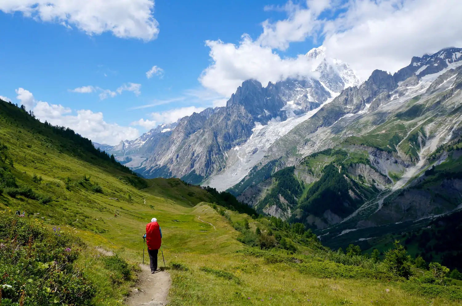 Backpacker hiking in the mountains on a tourist track on the Tour of Mont Blanc, Italy