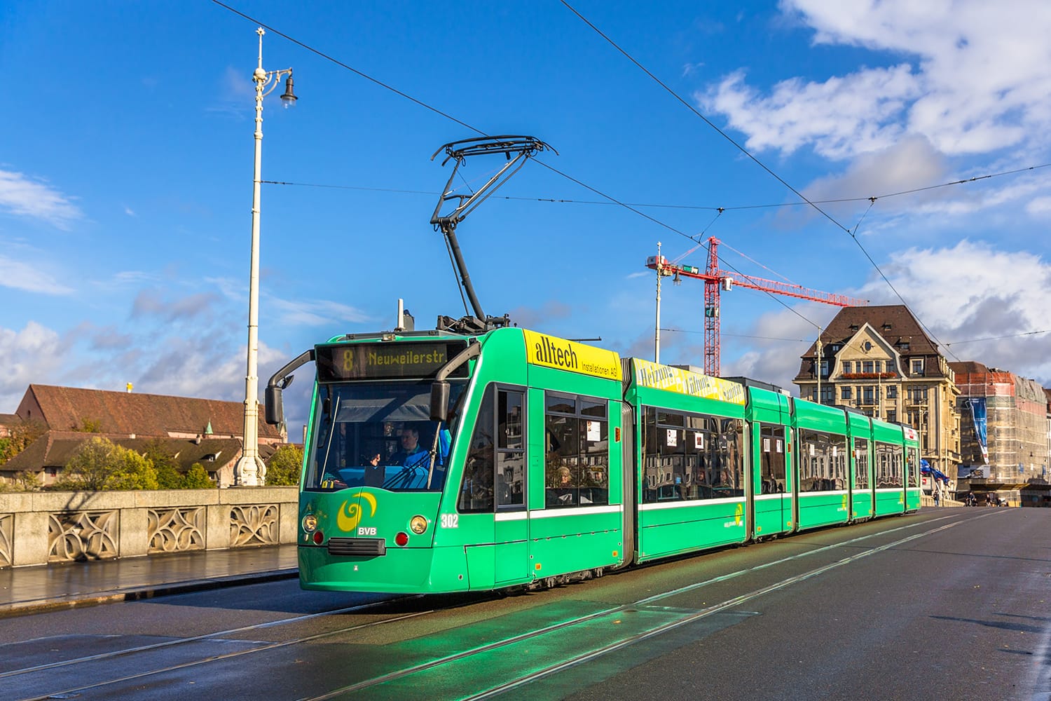 Siemens Combino tram on Middle Bridge in Basel , Switzerland
