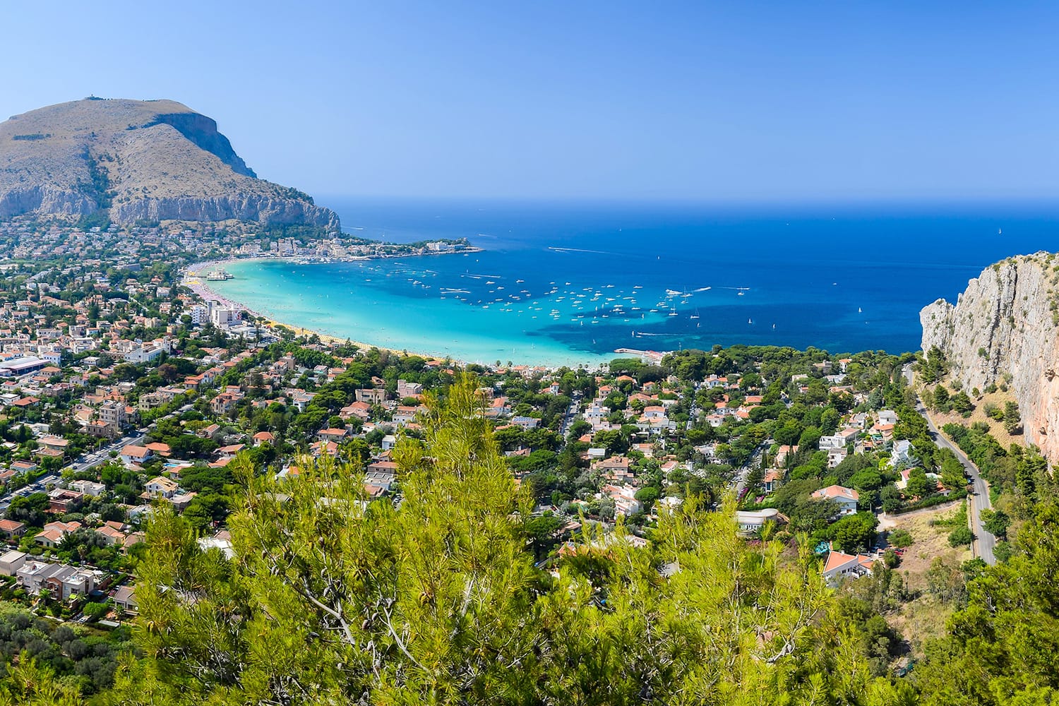 View of the gulf of Mondello from Monte Pellegrino, Palermo, Sicily, Italy.
