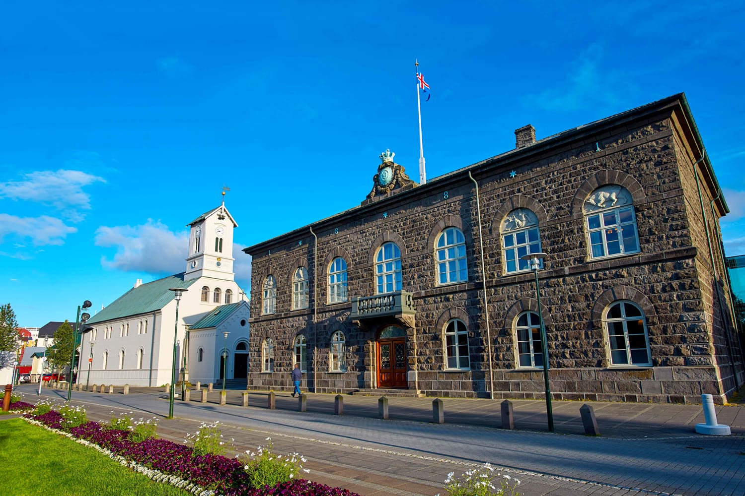 Austurvöllur Square with Parliament in Reykjavik, Iceland