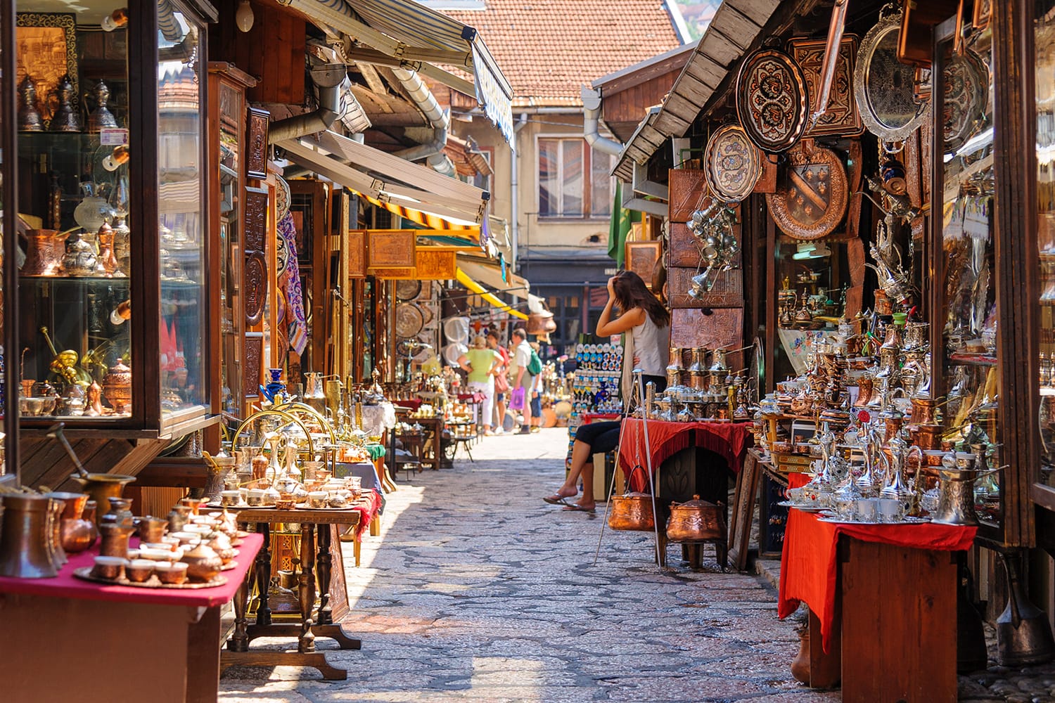 Street with shops selling souvenirs at Bascarsija in the old city district of Sarajevo, Bosnia and Herzegovina