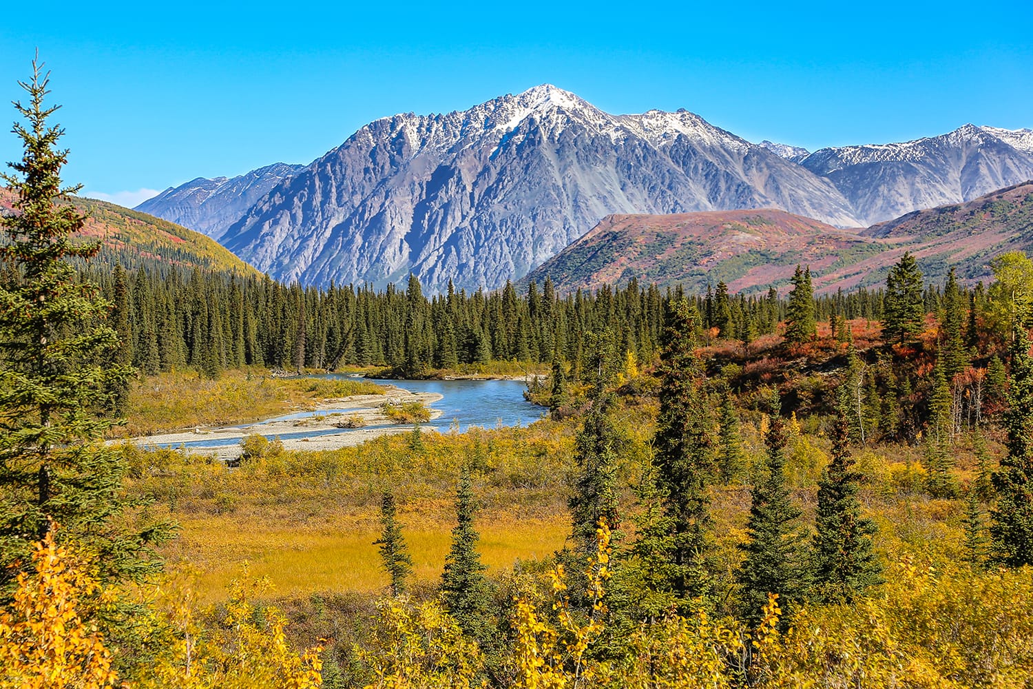 Scenic fall landscape with snow-capped mountains in Denali National Park, Alaska