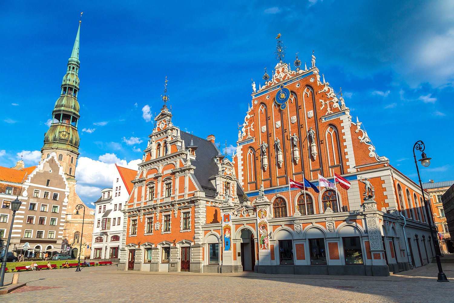 House of the Blackheads and Saint Peters church in Riga in a beautiful summer day, Latvia