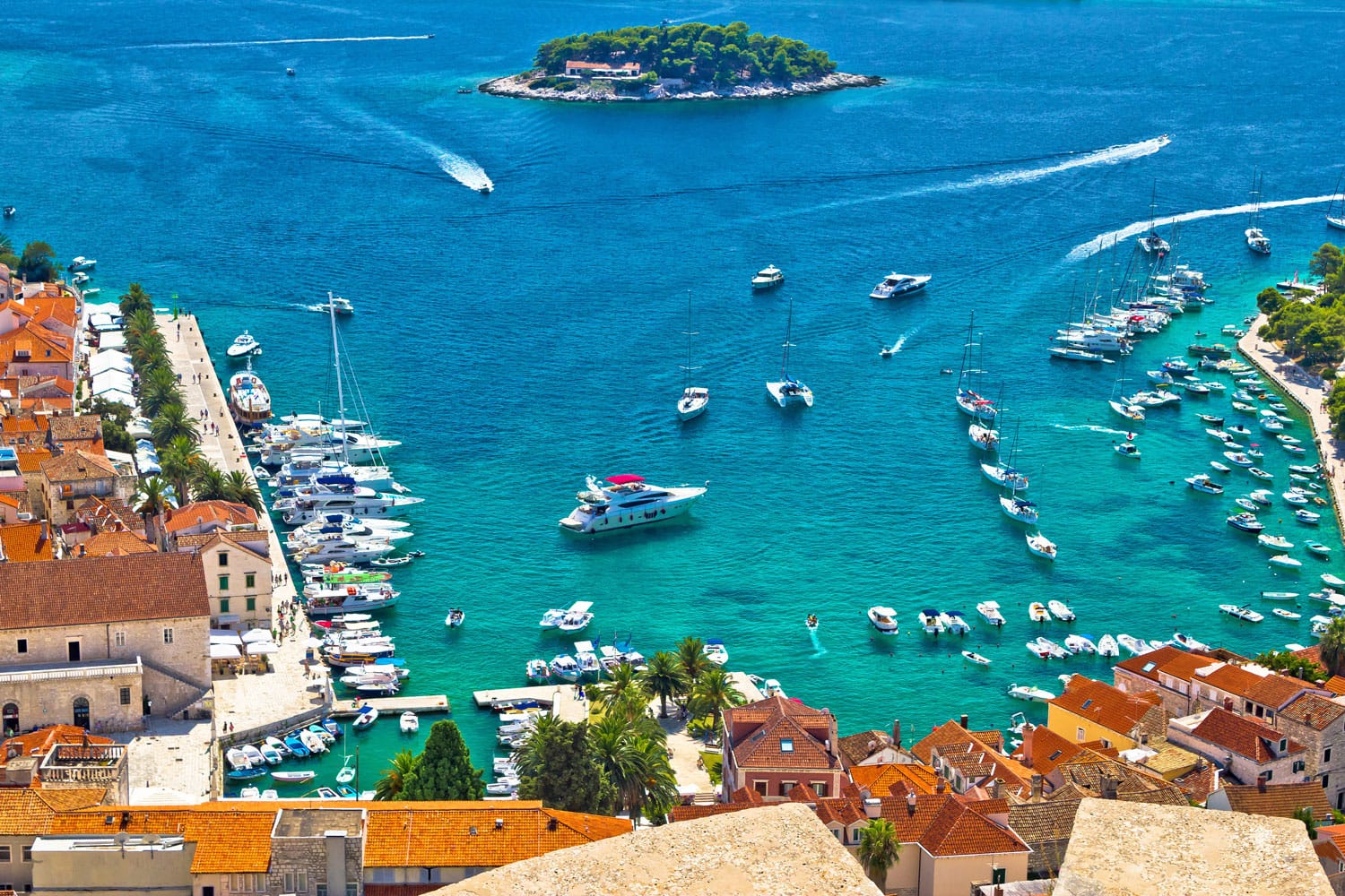 Hvar bay and yacht yachting aerial panoramic view, Dalmatia, Croatia