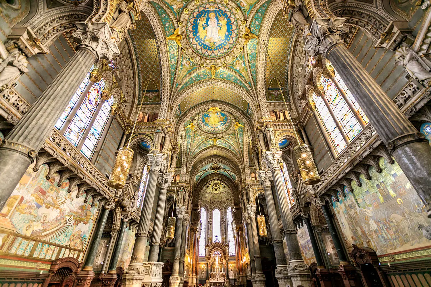 Interiors in Notre Dame de Fourviere basilica on 15 Dec 2015, paintings and details of Notre Dame de Fourviere basilica, Lyon, France