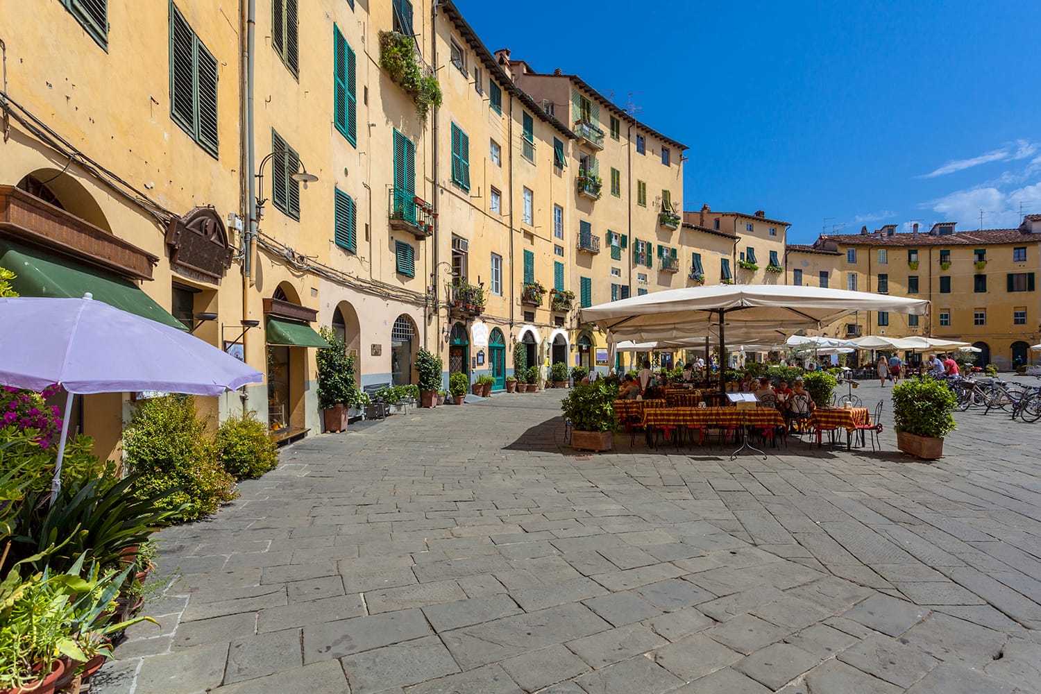 The Famous Oval City Square on a Sunny Day in Lucca, Tuscany, Italy