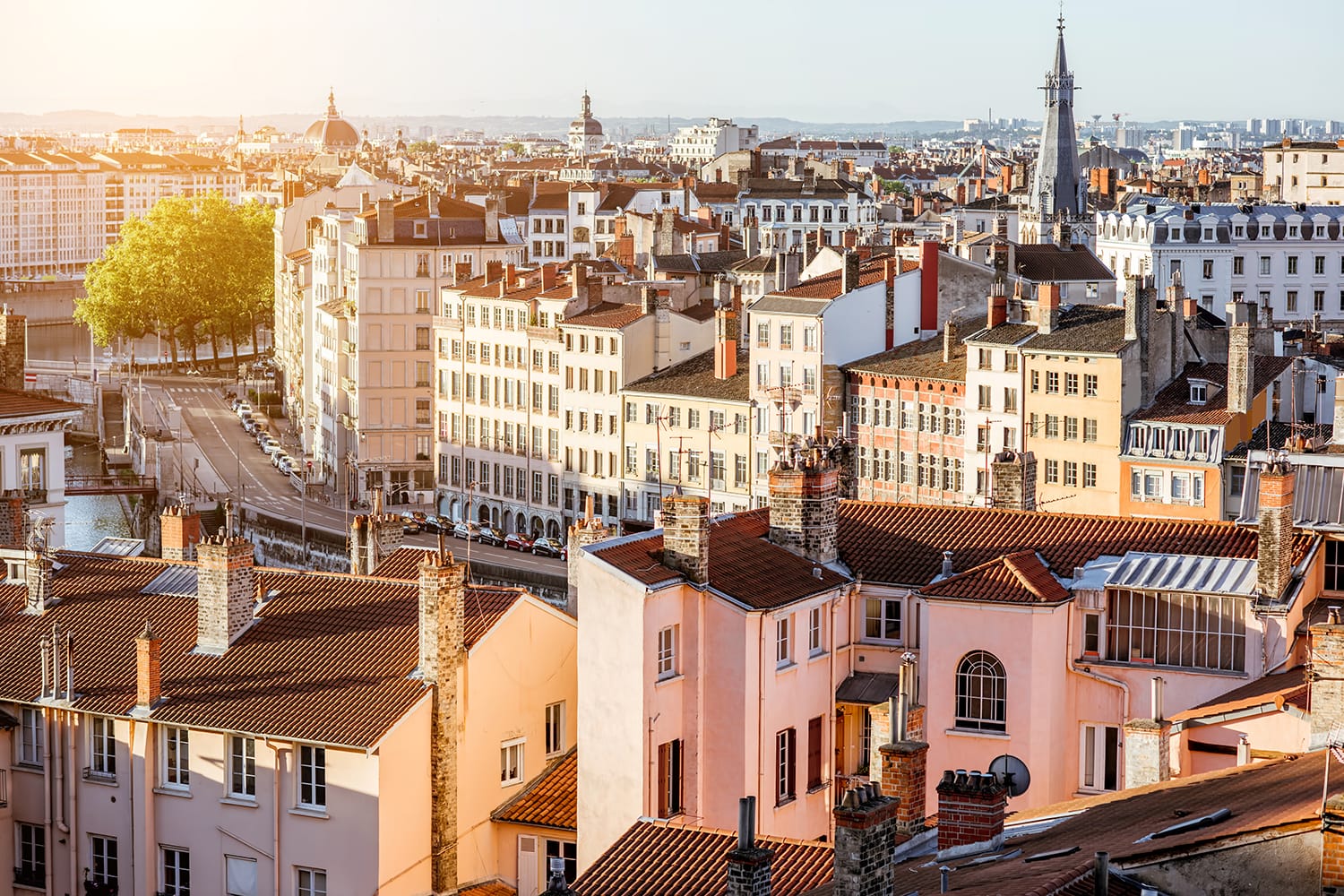 Morning aerial cityscape view with beautiful old buildings in Lyon city in France