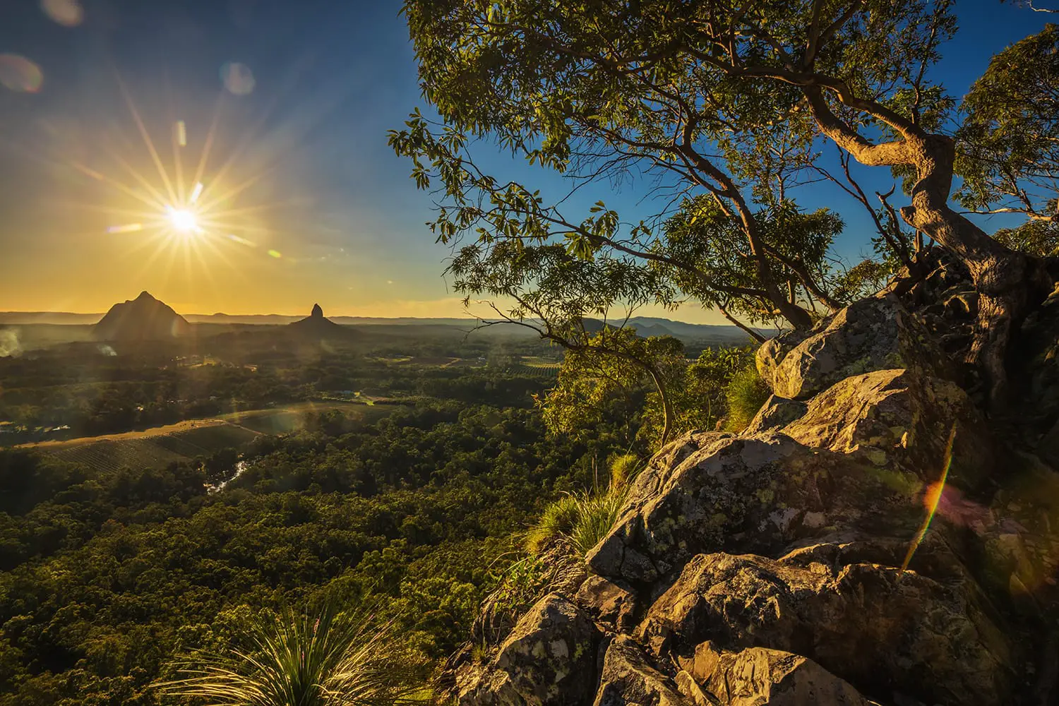 Sunset seen from Mount Tibrogargan, Glass House Mountains, Sunshine Coast, Queensland, Australia