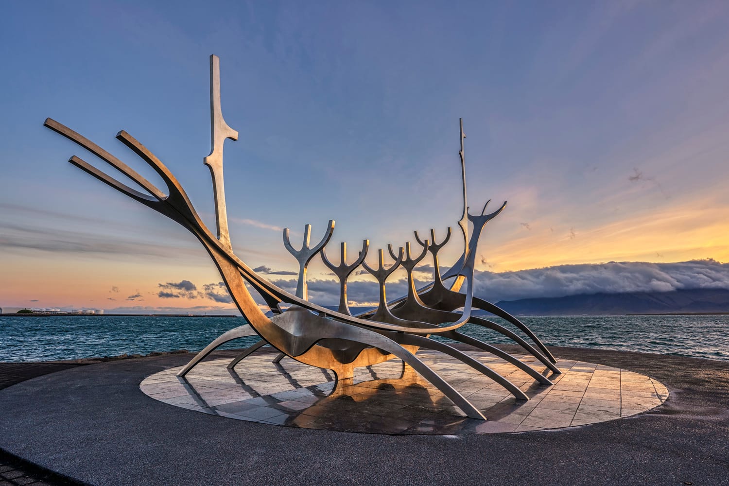 Sunrise at the iconic Sun Voyager sculpture in Reykjavik, Iceland.