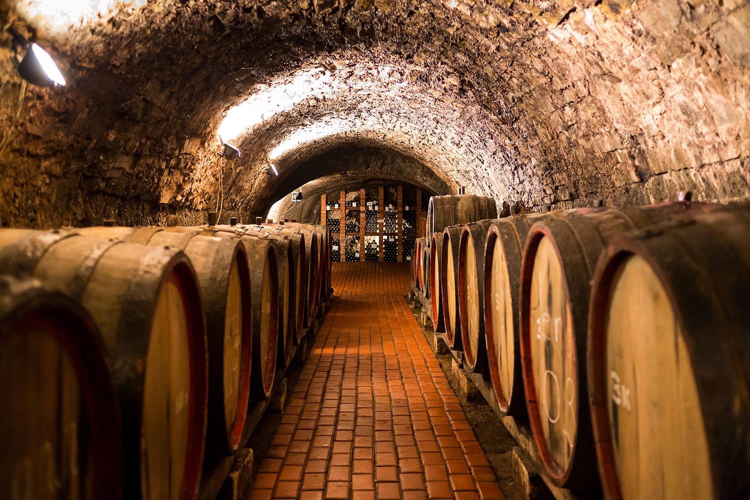 Old aged traditional wooden barrels with wine in a vault lined up in cool and dark cellar in Porto, Portugal