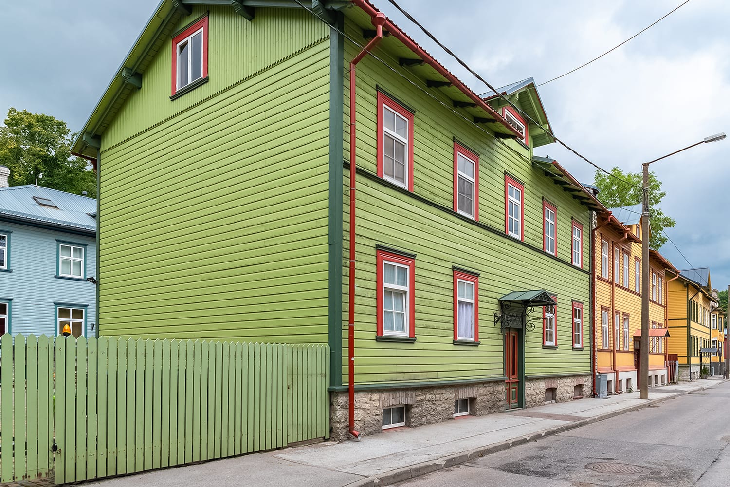 Tallinn in Estonia, wooden colorful houses, typical facades in Kalamaja