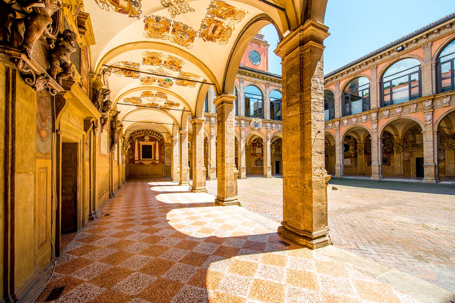 Inner yard of Archiginnasio of Bologna that houses now Municipal Library and the famous Anatomical Theatre. It is one of the most important building in Bologna, Italy.