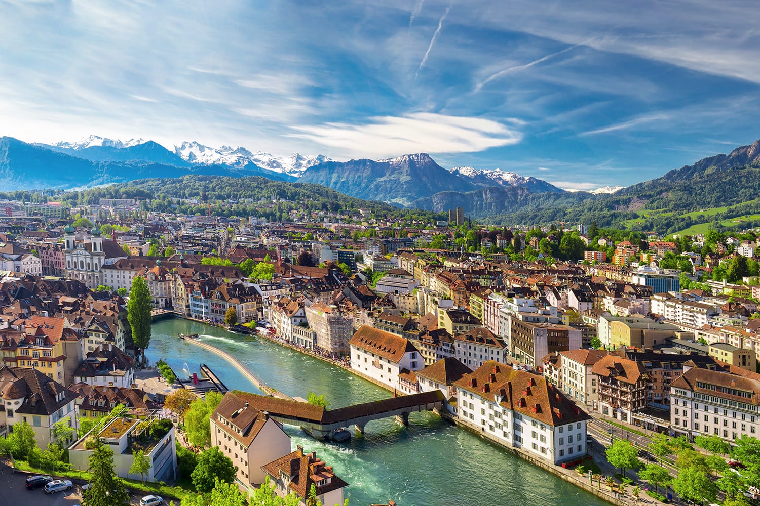 Aerial view of historic city center of Lucerne with famous Chapel Bridge and lake Lucerne (Vierwaldstattersee), Canton of Luzern, Switzerland