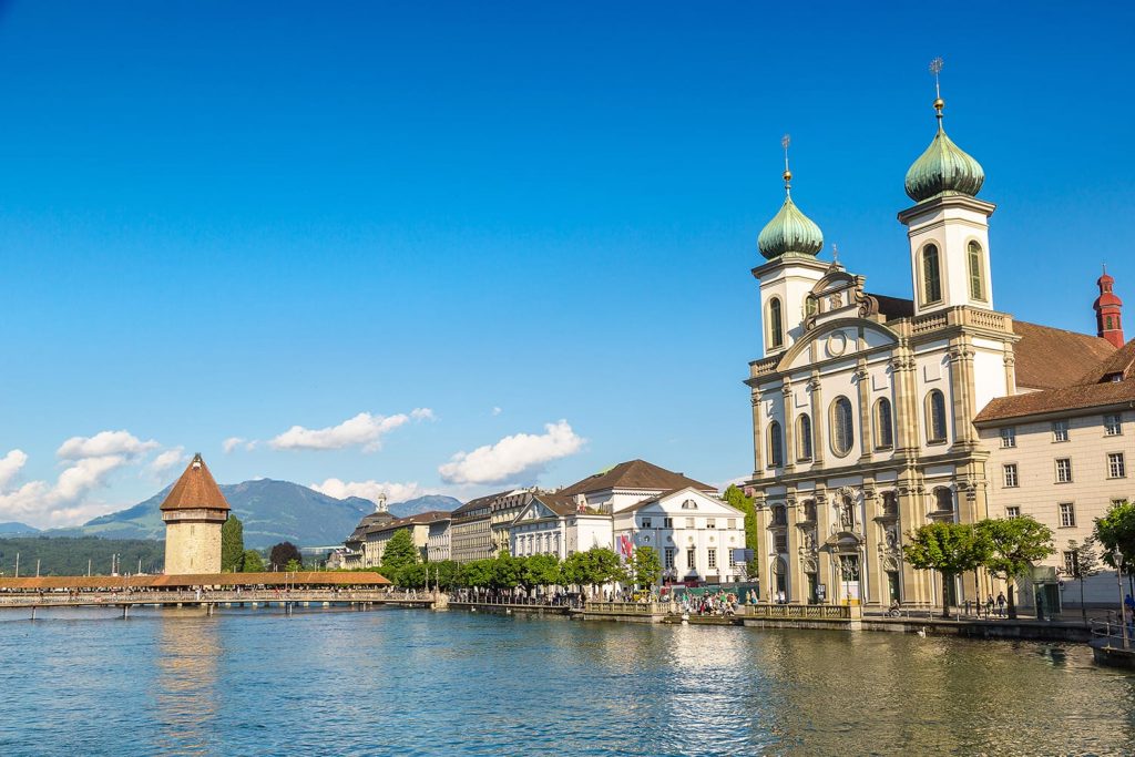 Historical city center of Lucerne and Jesuit church in a beautiful summer day, Switzerland