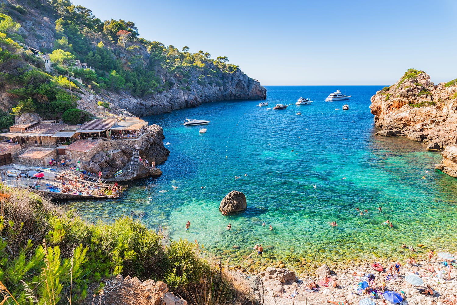 Idyllic view of the beautiful beach of Cala Deia, Majorca island, Spain