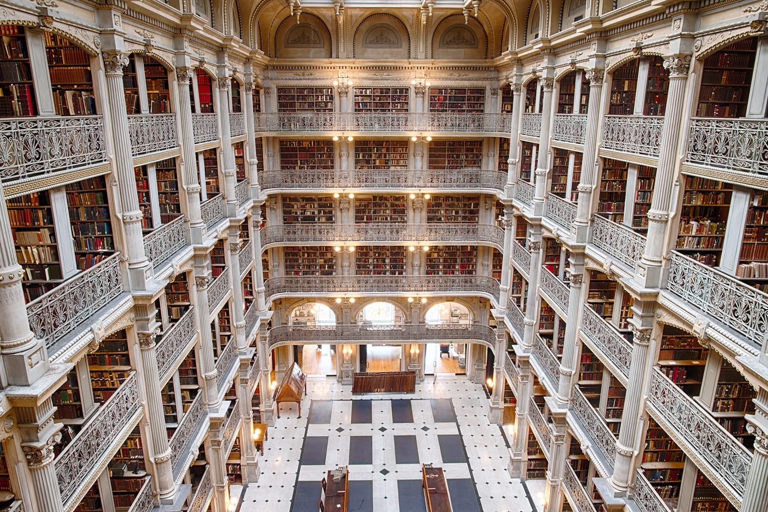Bookshelf inside Peabody Library a research library for John Hopkins University in Baltimore, USA