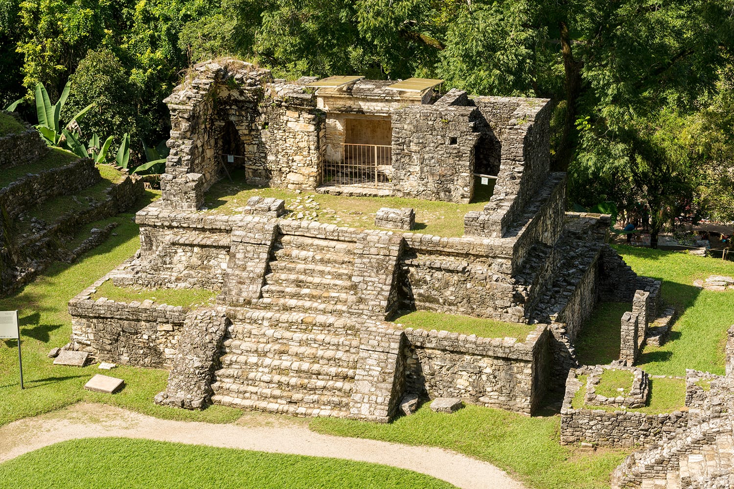 Ancient Mayan structures at the heritage site in Palenque Mexico