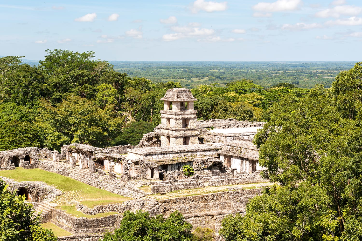 High angle view of the ancient Mayan Palace at the heritage site in Palenque, Mexico
