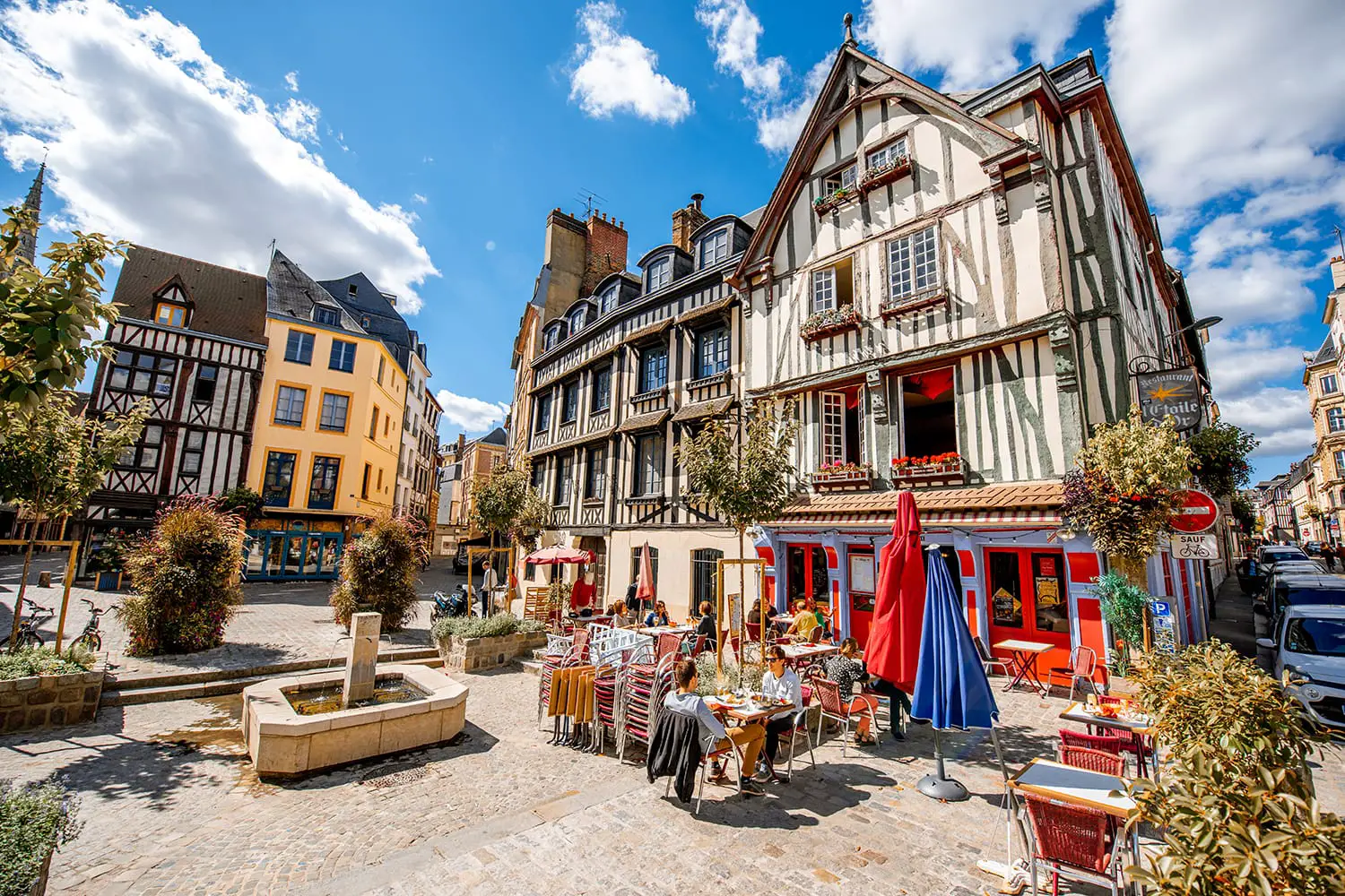 Street view with beautiful half-timbered houses in the old town of Rouen city, the capital of Nrmandy region in France