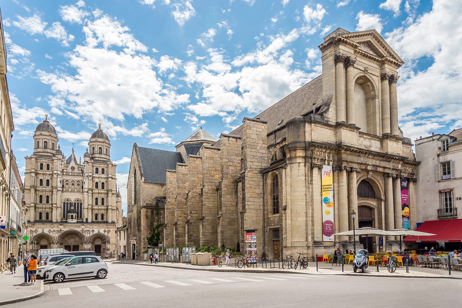 View at the Churches of St.Etienne and St.Michele in the streets of Dijon, France