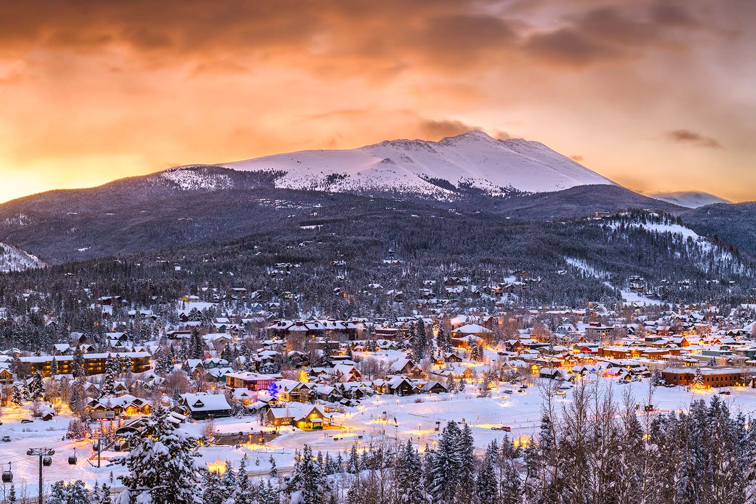 Breckenridge, Colorado, USA town skyline in winter at dawn.