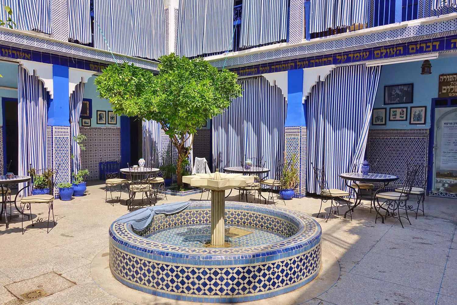 View of the blue Lazama Synagogue (Slat Al Azama) located in the Jewish Quarter in Marrakesh, Morocco.