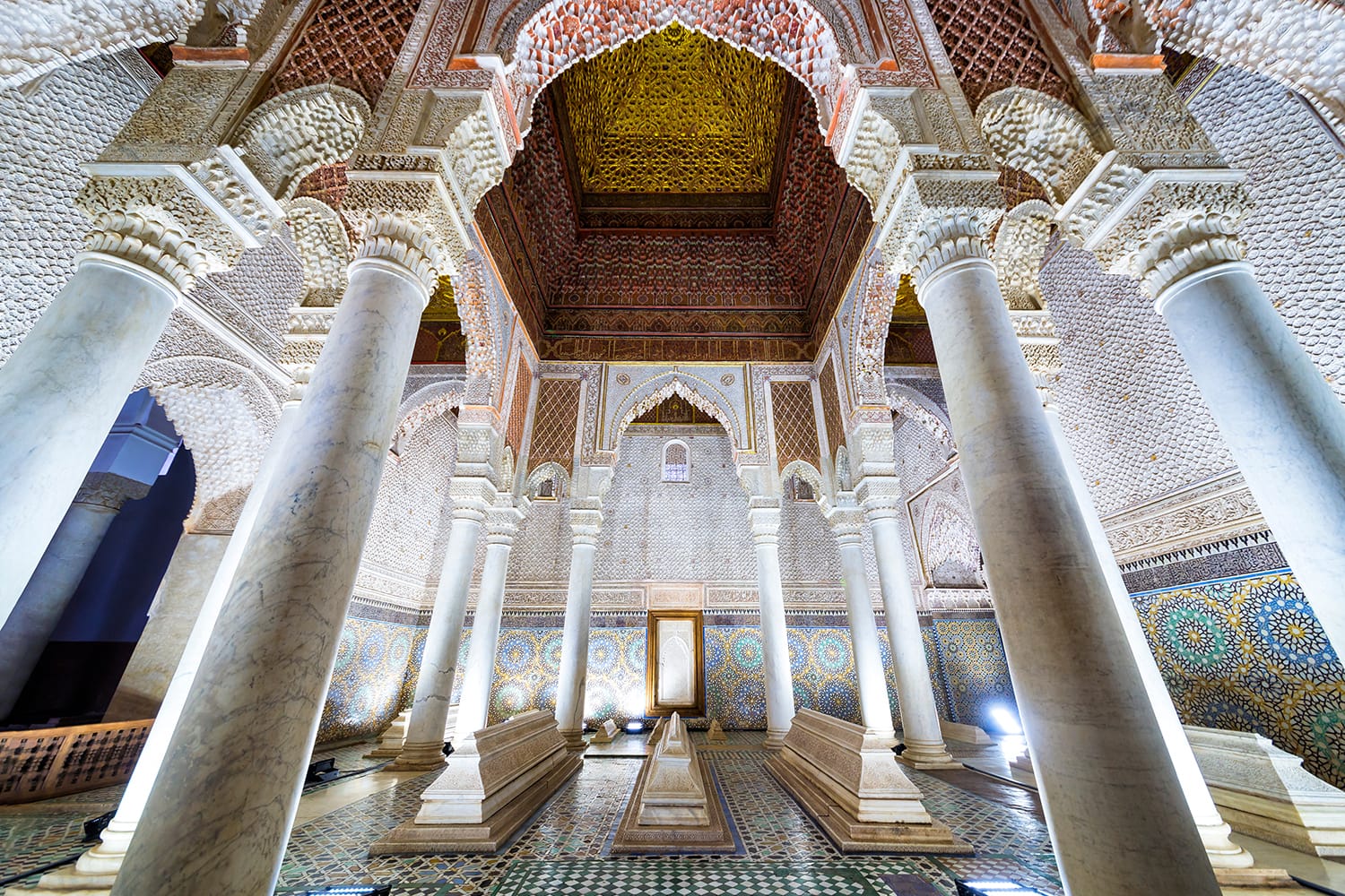 The room with the twelve columns in Saadian Tombs. These tombs are sepulchres of Saadi Dynasty members and are a major attraction for visitors in Marrakech, Morocco