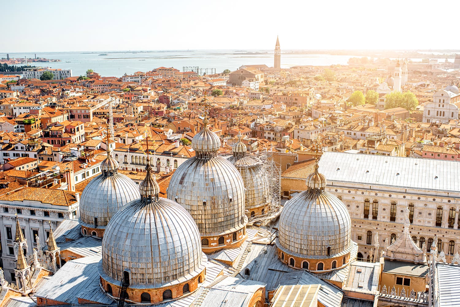 Aerial view on Venice with domes of Saint Mark's basilica in Venice, Italy