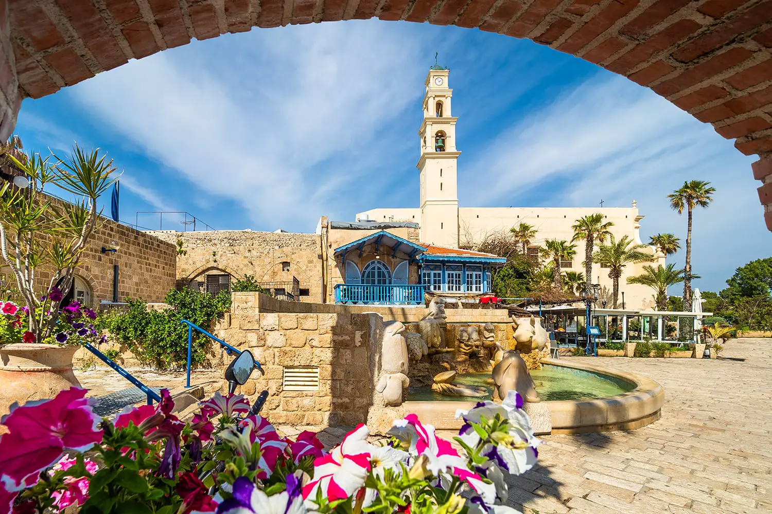 View of Kedumim Square with St. Peter's church in old Jaffa, Tel Aviv, Israel