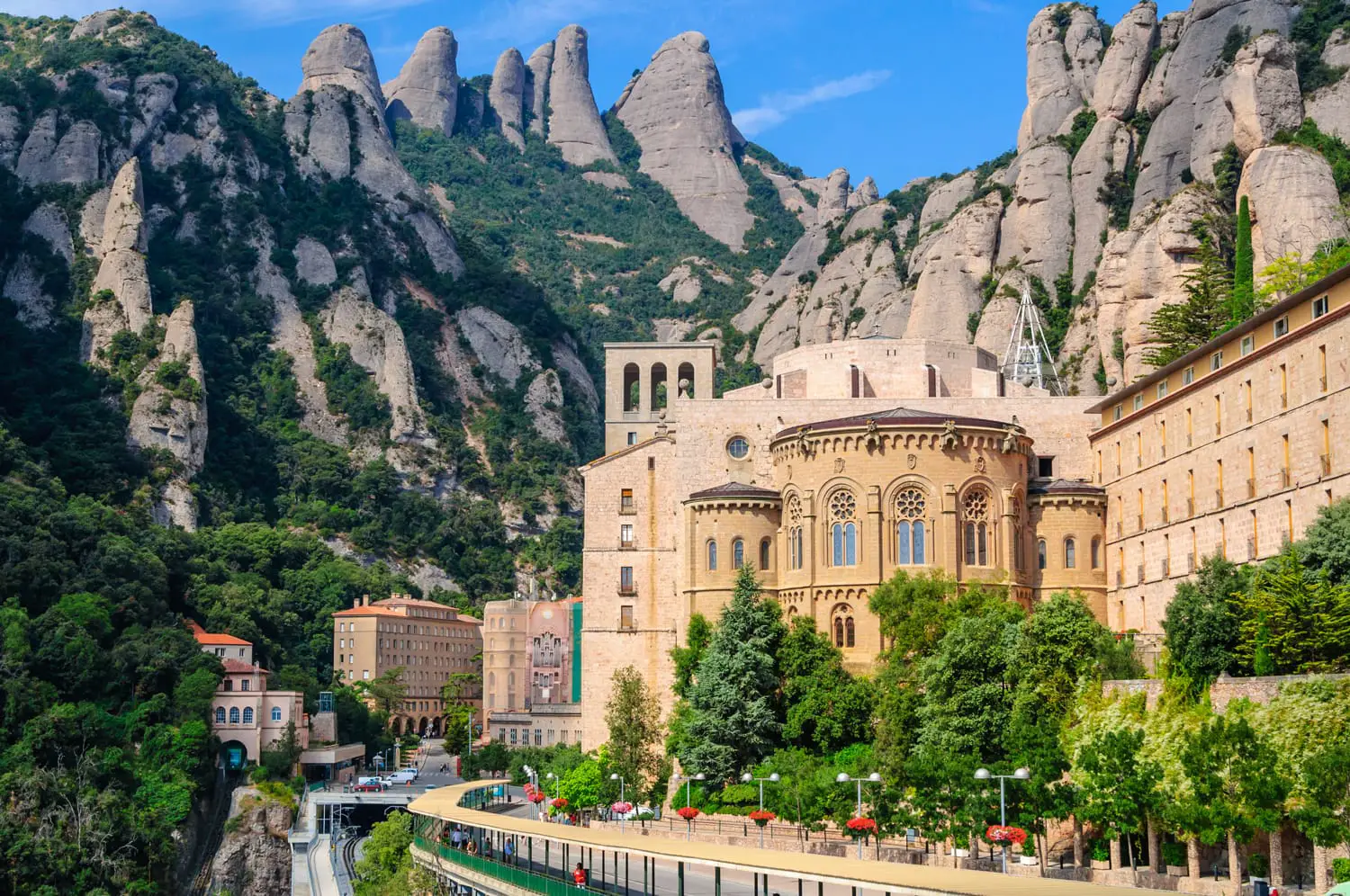 View the famous Catholic monastery of Montserrat on the background of round rocks. Catalonia, Spain.