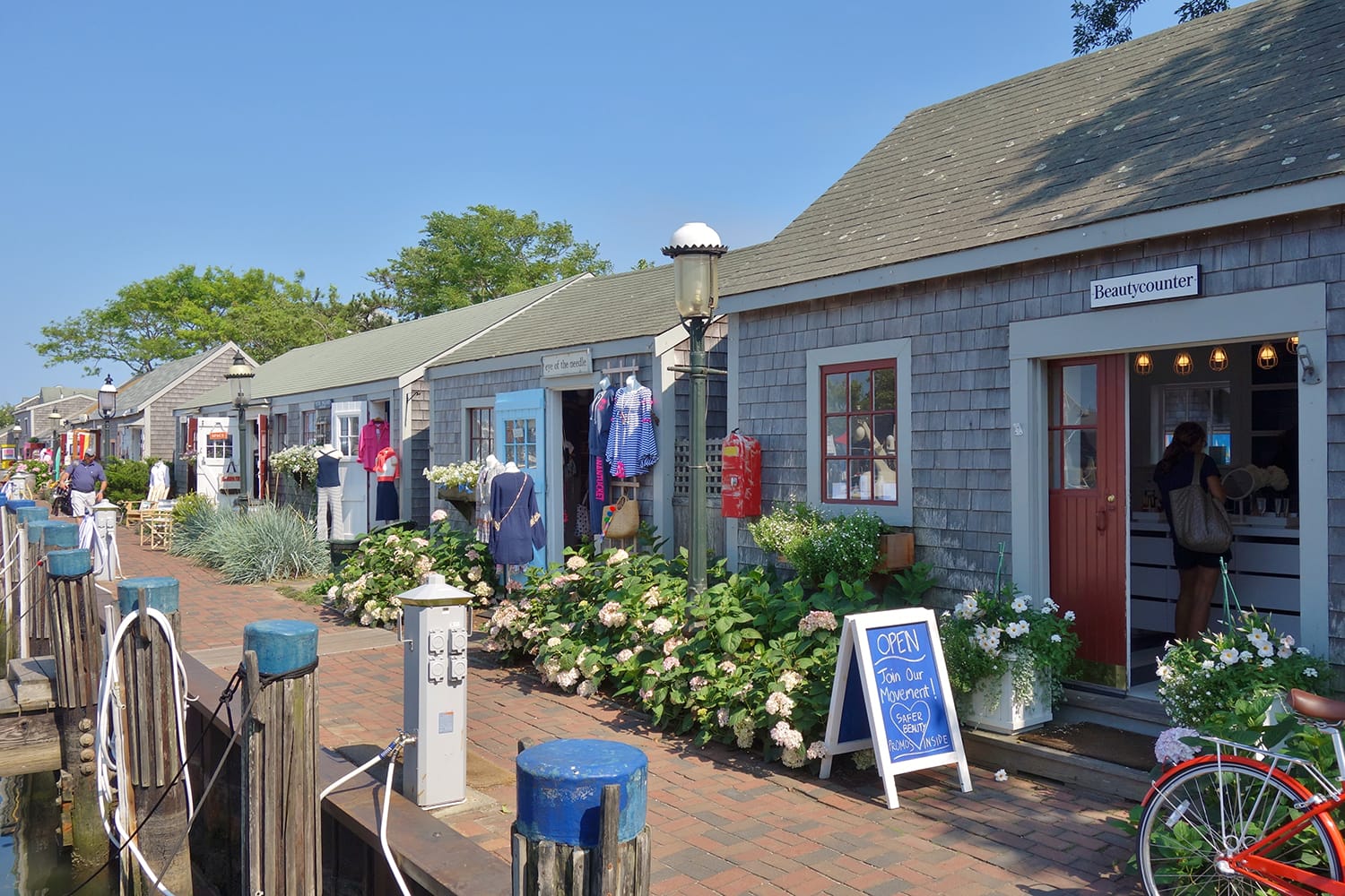 Traditional New England buildings and stores on Nantucket Island in Massachusetts, USA