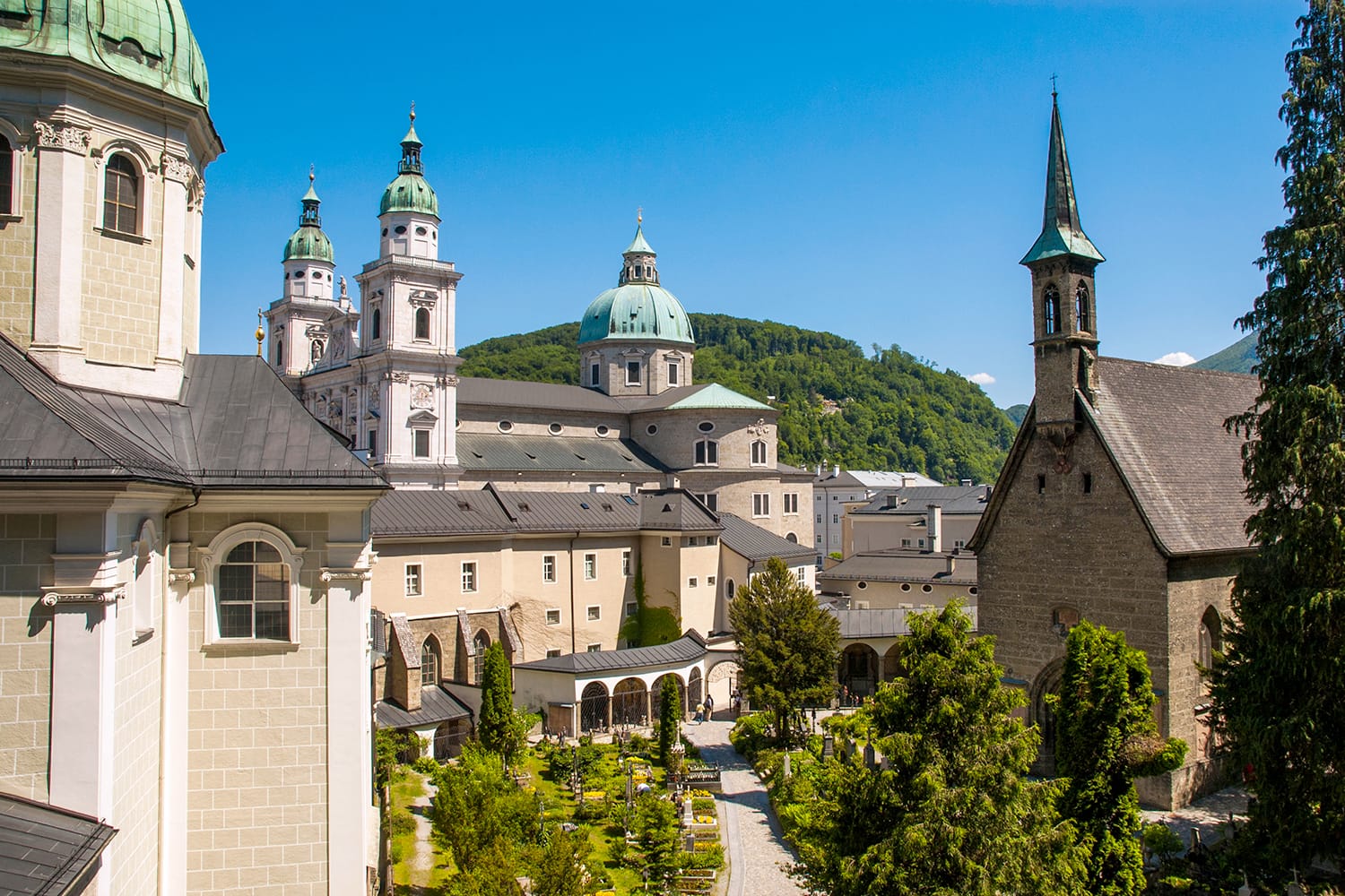 View to Salzburg Cathedral, dedicated to Saint Rupert and Saint Vergilius. Salzburg, Austria