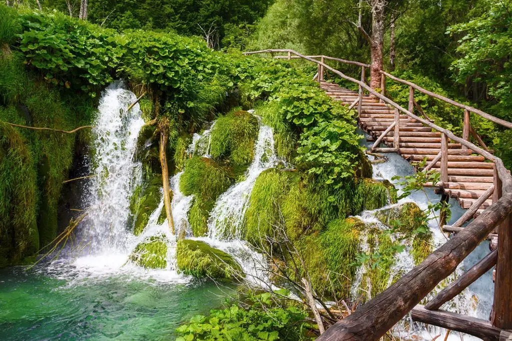 Wooden footpath in the Plitvice Lakes National park. Croatia
