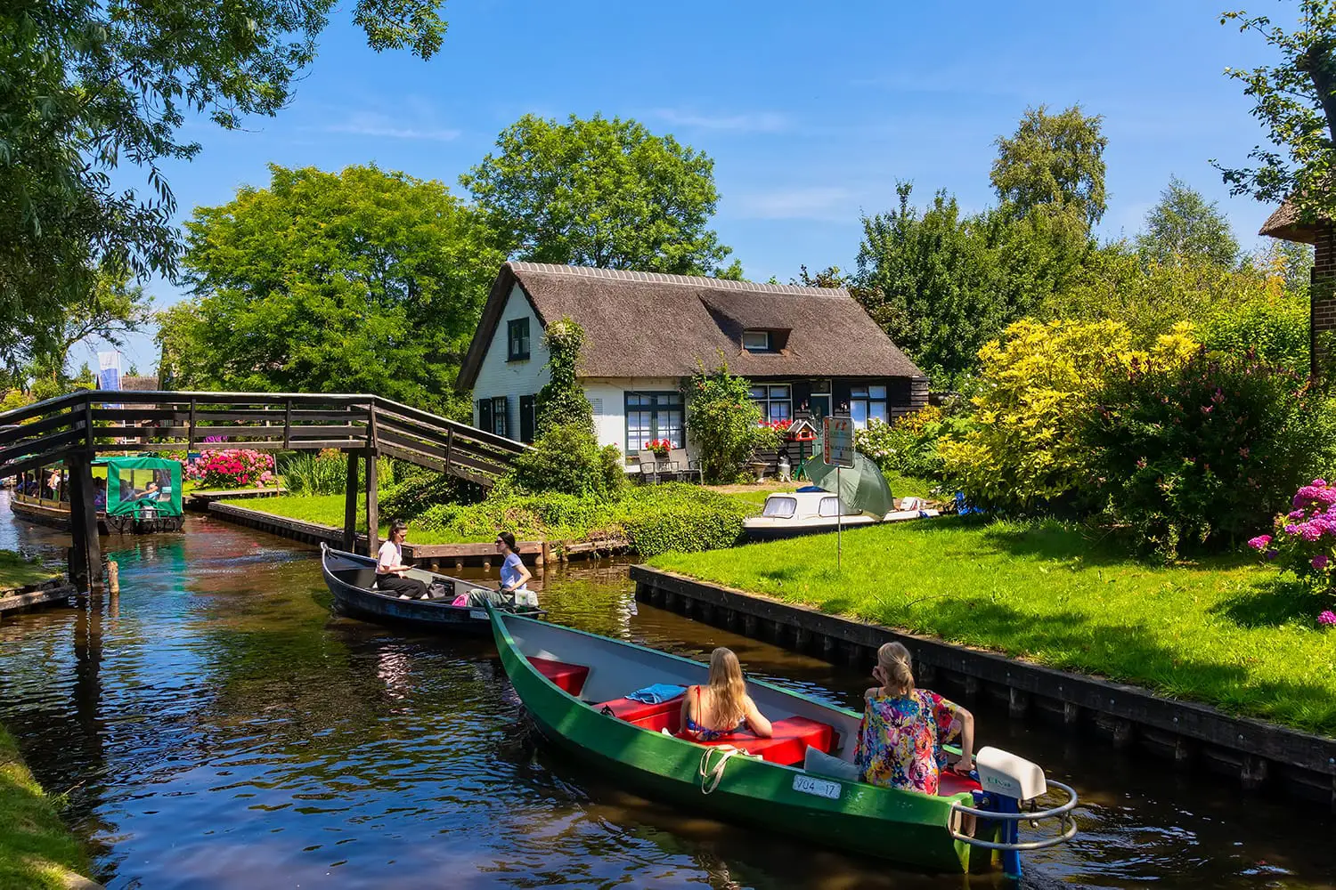 view of famous village Giethoorn with canals in the Netherlands. Giethoorn is also called 'Venice of The Netherlands'