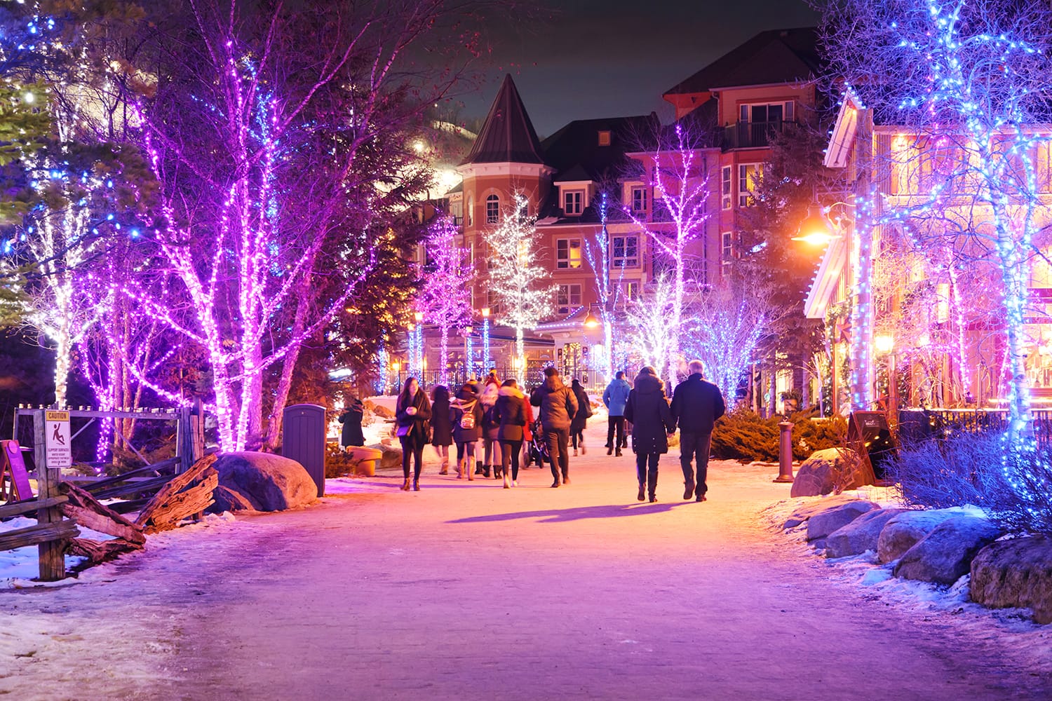 Christmas decorated Blue Mountain Village in winter night, Ontario, Canada