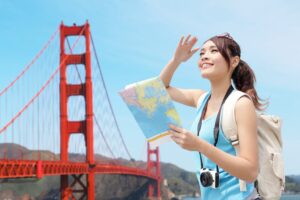 Asian tourist traveling in San Francisco, California, USA